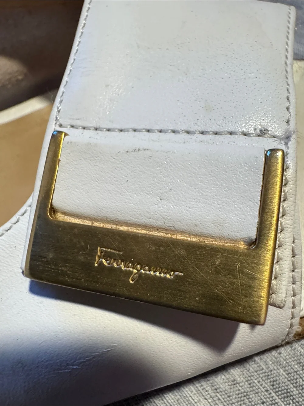 Salvatore Ferragamo White Leather Slingback Heels with Gold Buckle